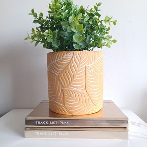 Planter Pot w/ Embossed Maranta Leaves, gold/orange pot with white leaf print